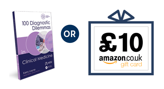 Image of 100 diagnotic dilemma book blue circle with the word or and an illustration of £10 amazon voucher in box